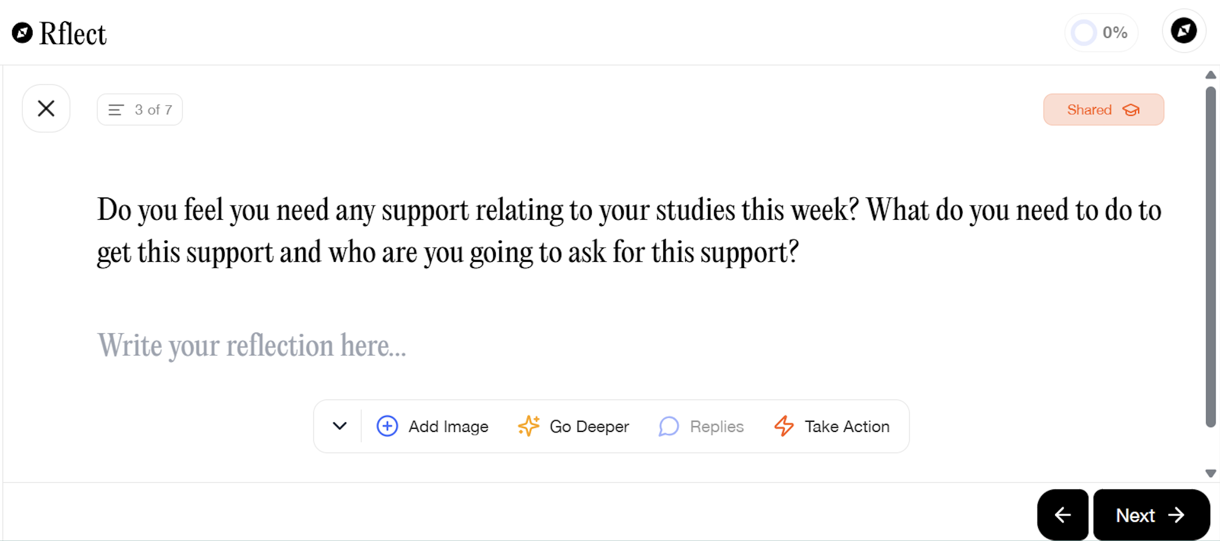 Screenshot of the Rflect reflection interface showing a question asking students if they need any support related to their studies and a text box to write their reflection.