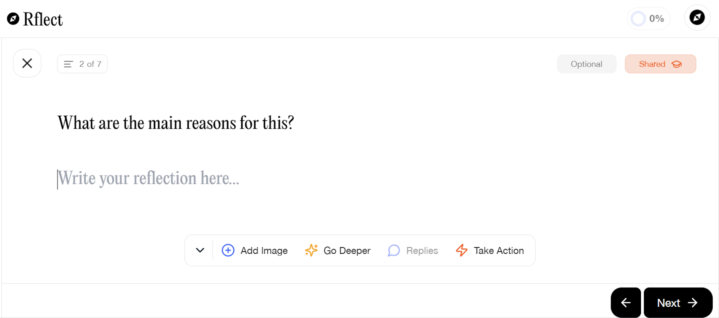 Screenshot of a Rflect reflection prompt asking students to describe the main reasons for their motivation level.