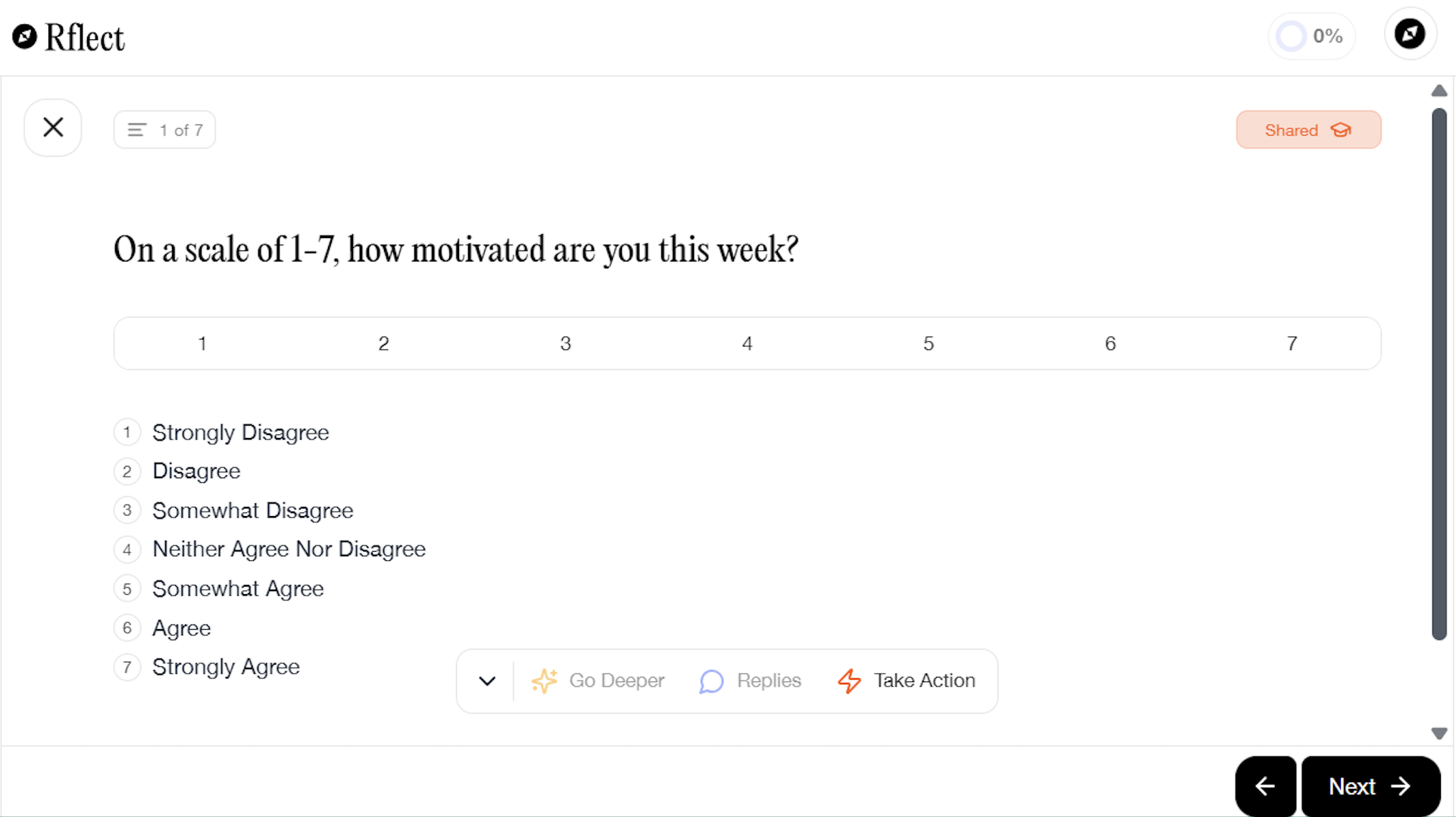 Example of a self-assessment question measuring student motivation in Rflect. Screenshot of a reflection prompt in Rflect asking students to rate their motivation on a scale from 1 to 7.